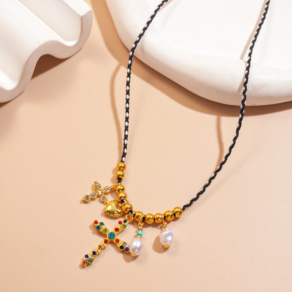 Light luxury niche love rose cross necklace rope braiding