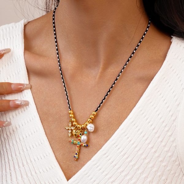 Light luxury niche love rose cross necklace rope braiding - Image 3