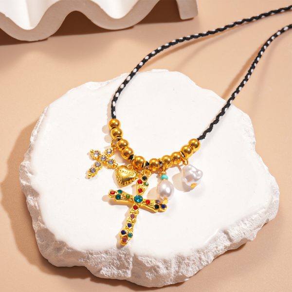Light luxury niche love rose cross necklace rope braiding - Image 4