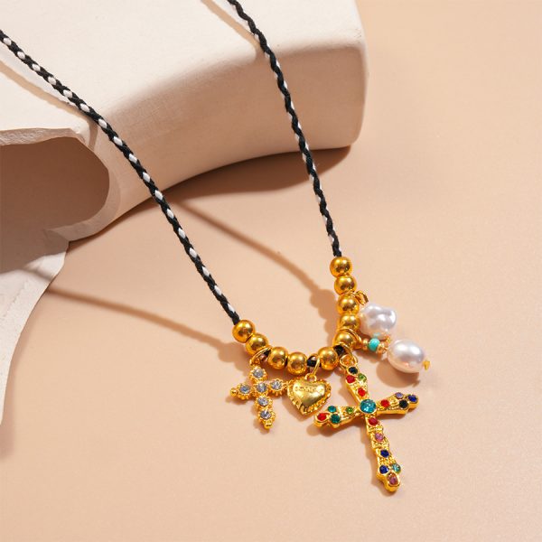 Light luxury niche love rose cross necklace rope braiding - Image 5