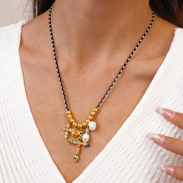 Light luxury niche love rose cross necklace rope braiding - Image 6